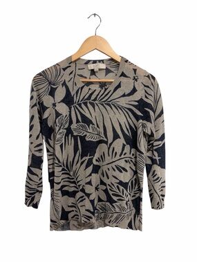 LOFT Women’s Palm Leaf Print Lightweight Sweater Tan and Navy Italian Yarn